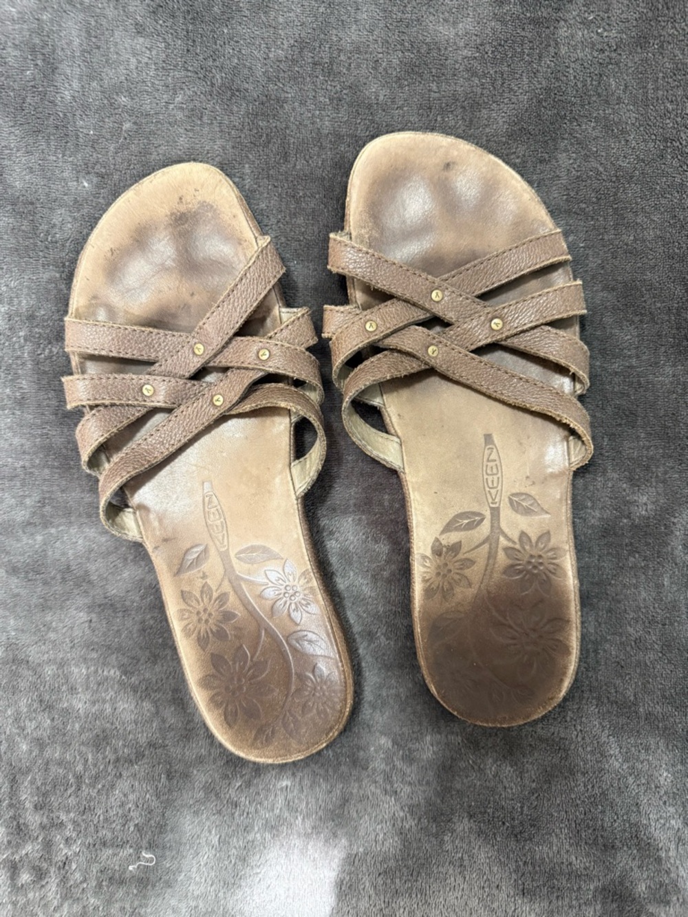 KEEN Brown Leather Cross-Strap Slide Sandals